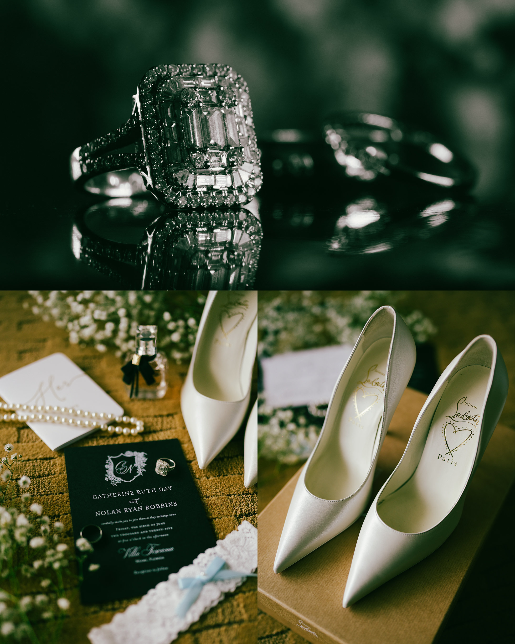Elegant wedding details including rings, invitations, and florals at Villa Toscana Miami